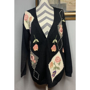 Vtg Rose Bud Beaded Cardigan Sweater Women’s L 90s Granny
